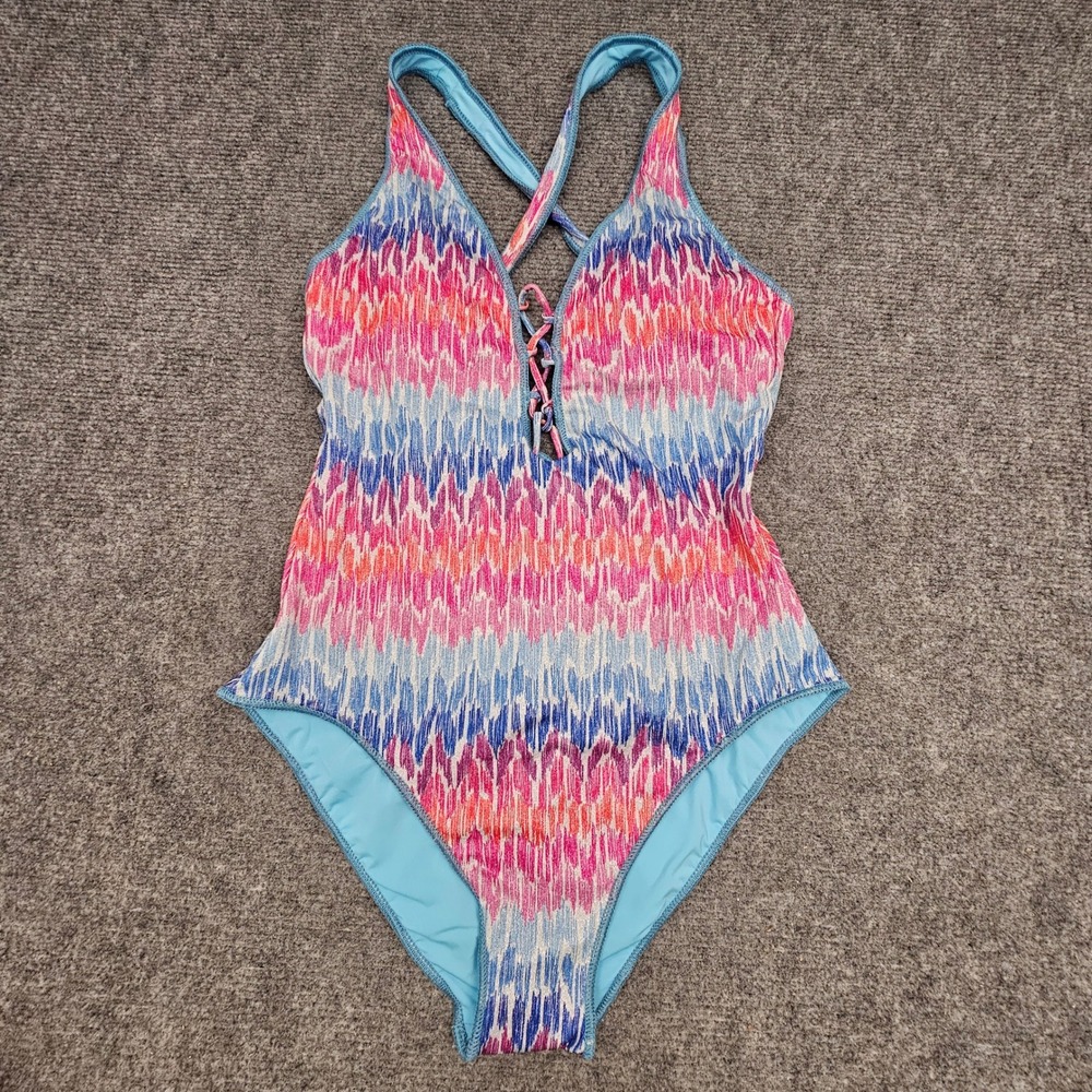 BECCA One Piece Swimsuit Womens Large Multicolor Ikat Lace Up Tassel Metallic